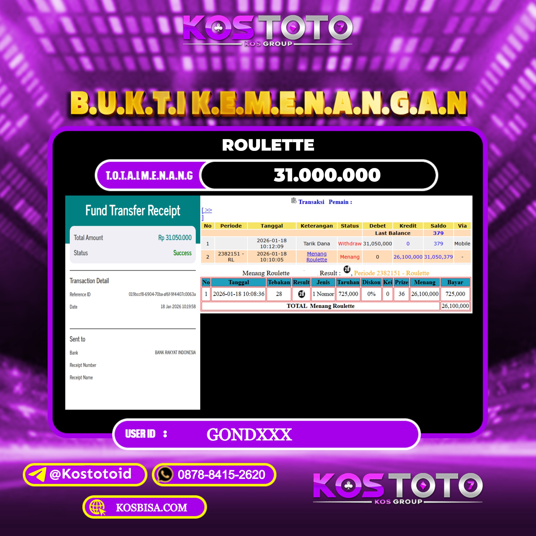KOSTOTO JACKPOT CASINO ROULETTE Rp.31.000.000,- LUNAS USER ID : GOND***