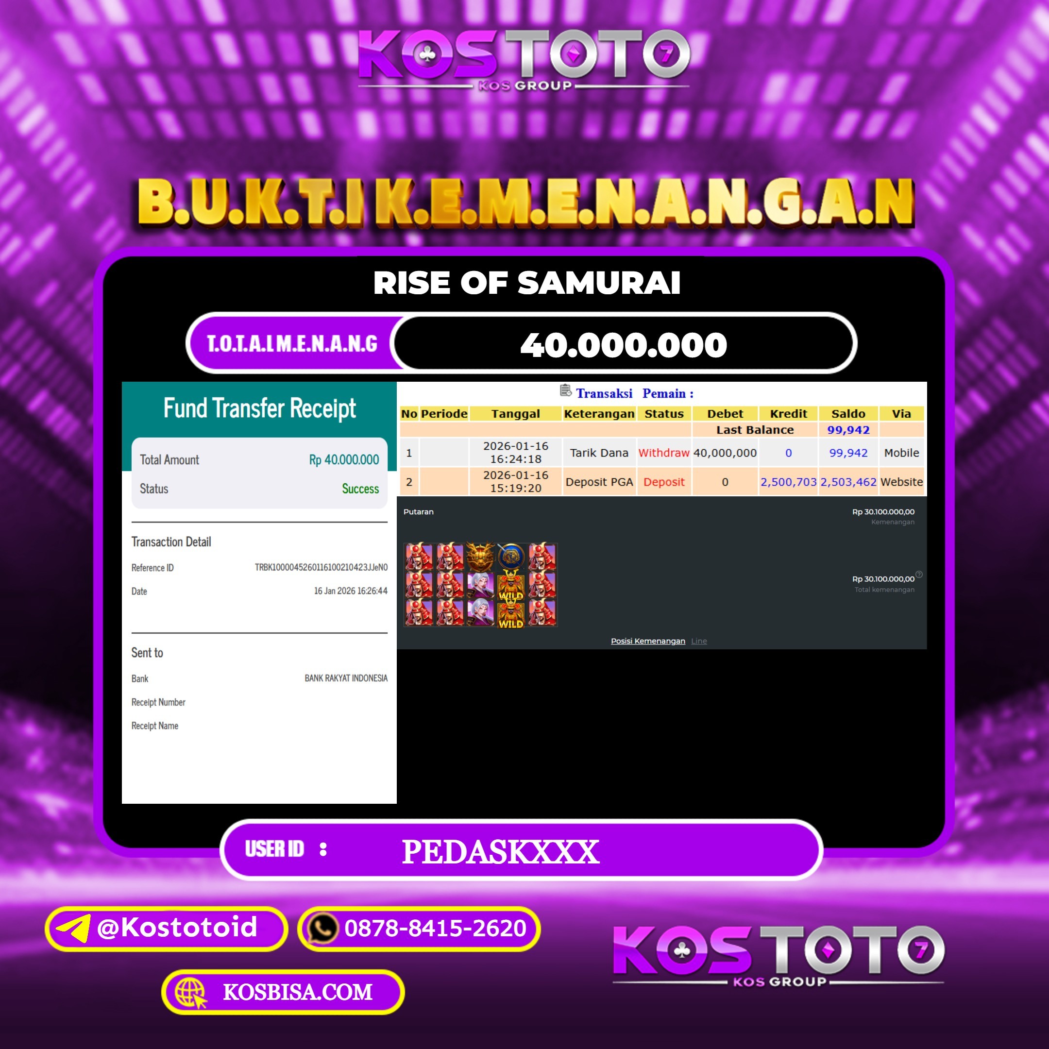 KOSTOTO JACKPOT SLOT RISE OF SAMURAI RP.40.000.000,- LUNAS USER ID : PEDASK***