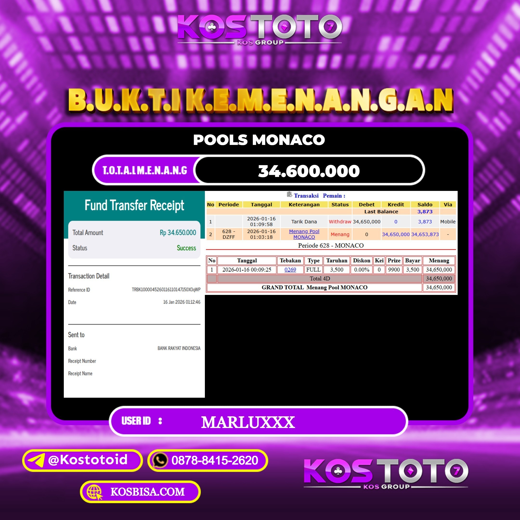 KOSTOTO JACKPOT TOGEL MONACO Rp.34.600.000,- LUNAS USER ID : MARLU***