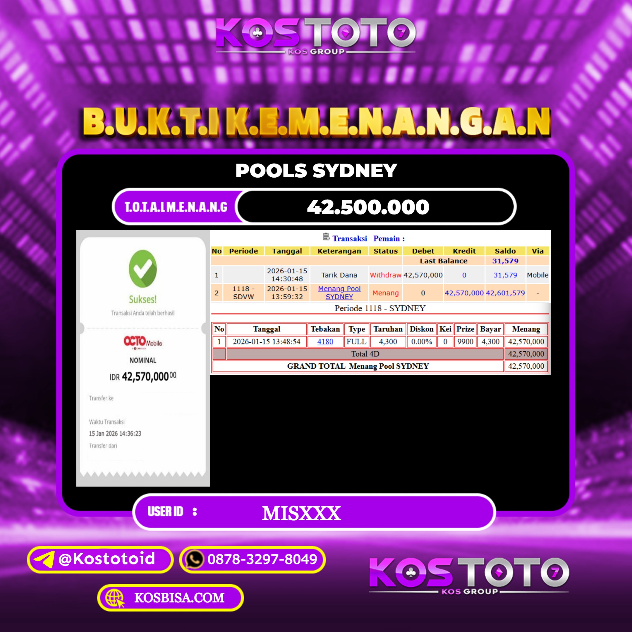 KOSTOTO JACKPOT TOGEL SYDNEY Rp.42.500.000,- LUNAS USER ID : MIS***