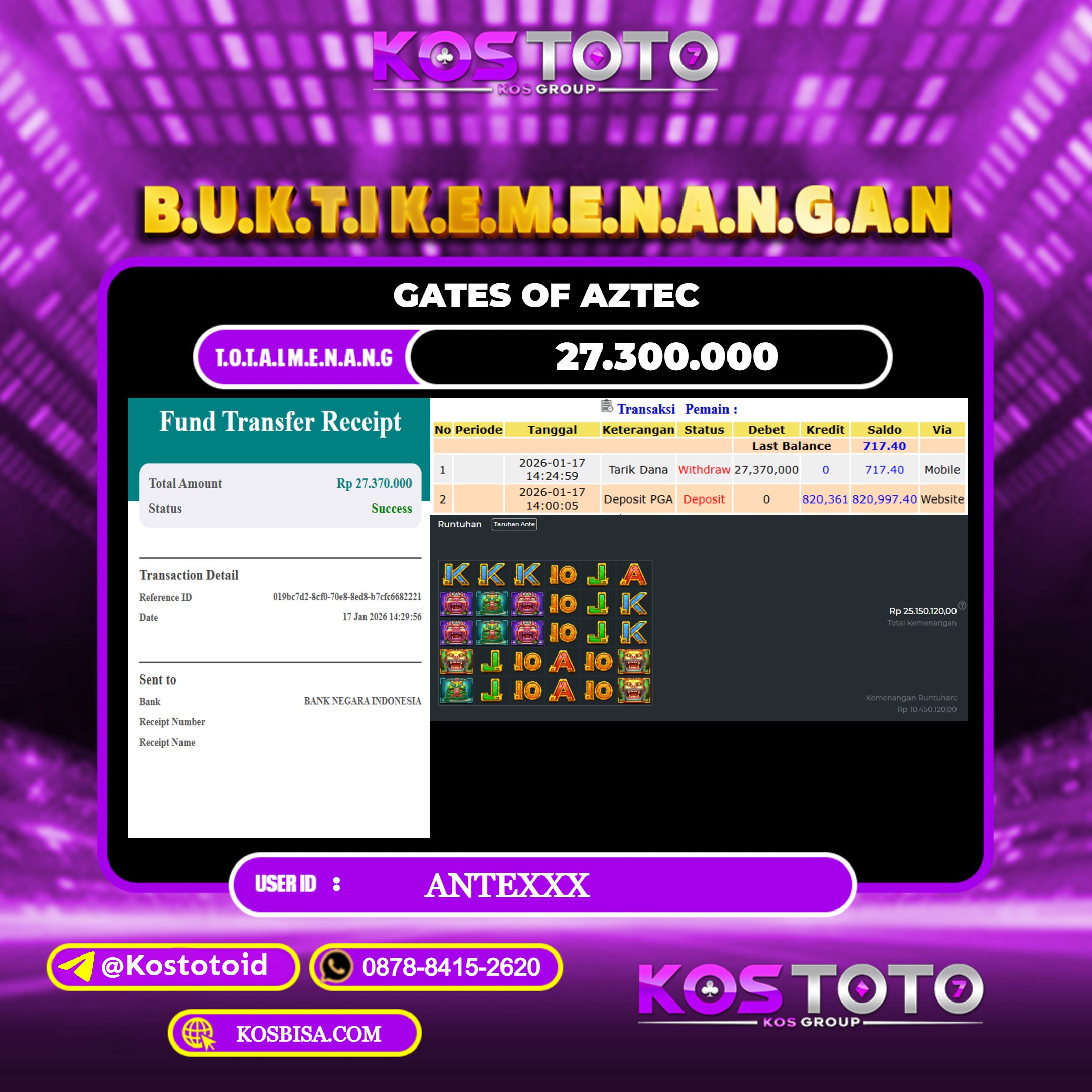 KOSTOTO JACKPOT SLOT GATES OF AZTEC RP.27.300.000,- LUNAS USER ID : ANTE***