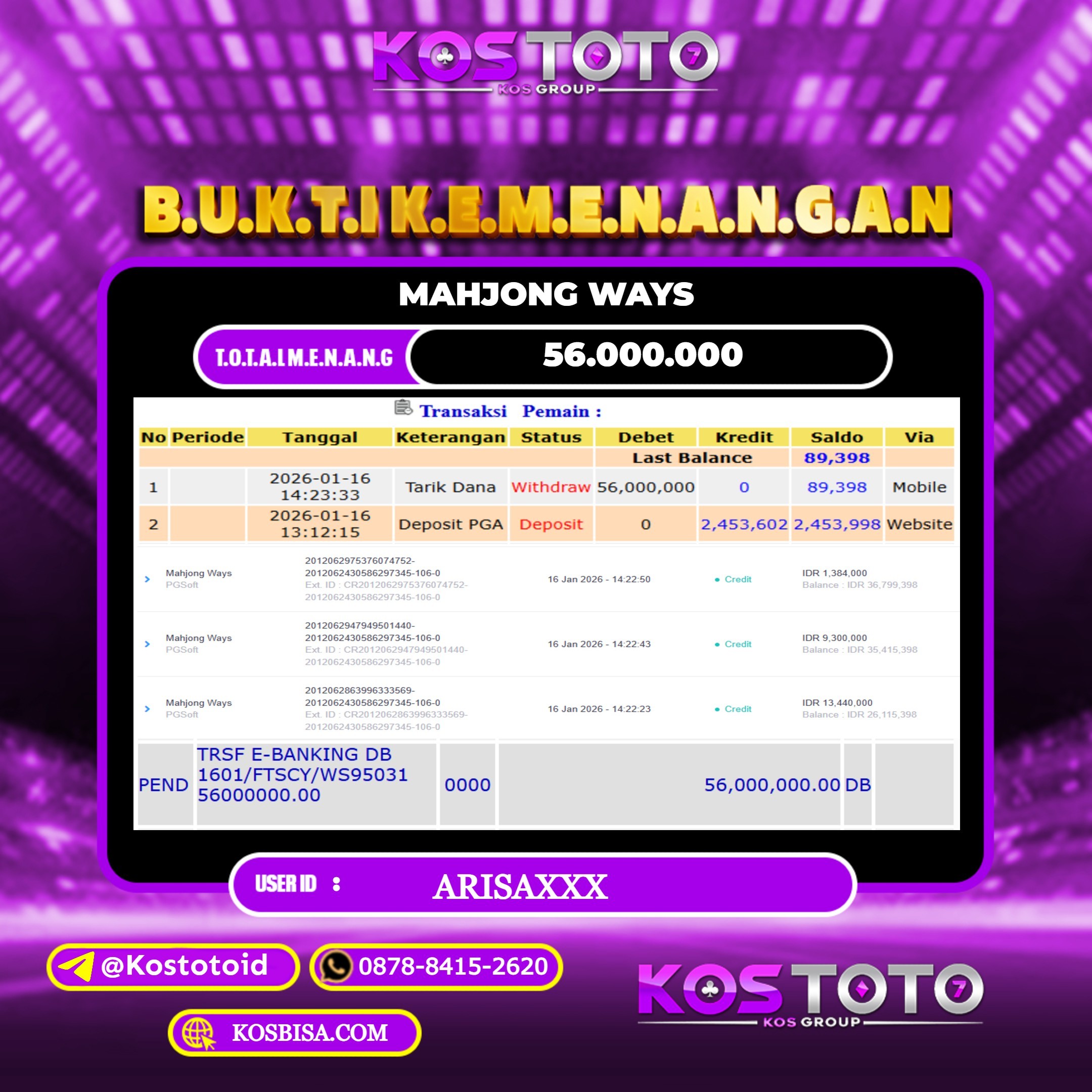 KOSTOTO JACKPOT SLOT MAHJONG WAYS RP.56.000.000,- LUNAS USER ID : ARISA***