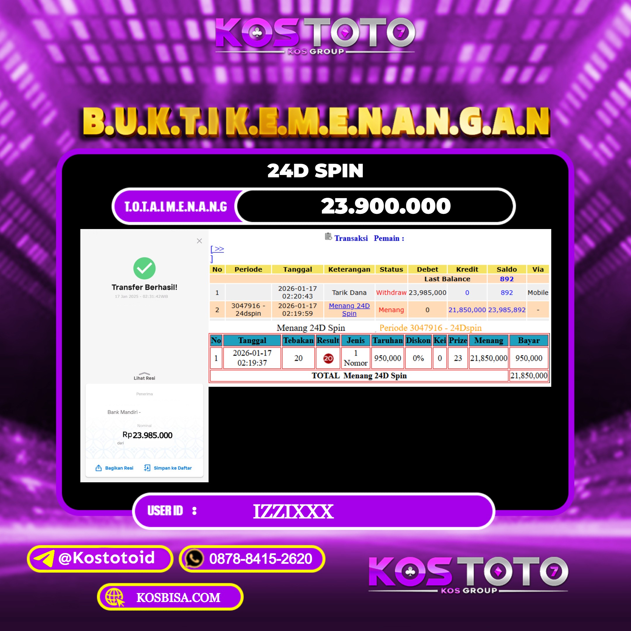 KOSTOTO JACKPOT CASINO 24D SPIN Rp.23.900.000,- LUNAS USER ID : IZZI****